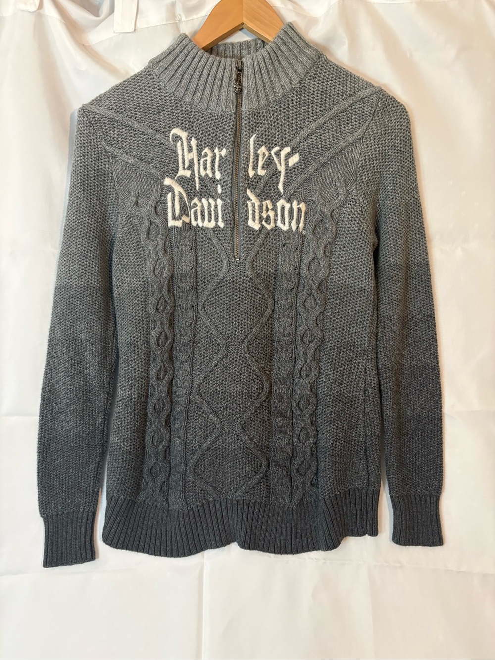 Harley Davidson Womens L Spell Out Gray Cable Knit Quarter Zip Sweater Ombré